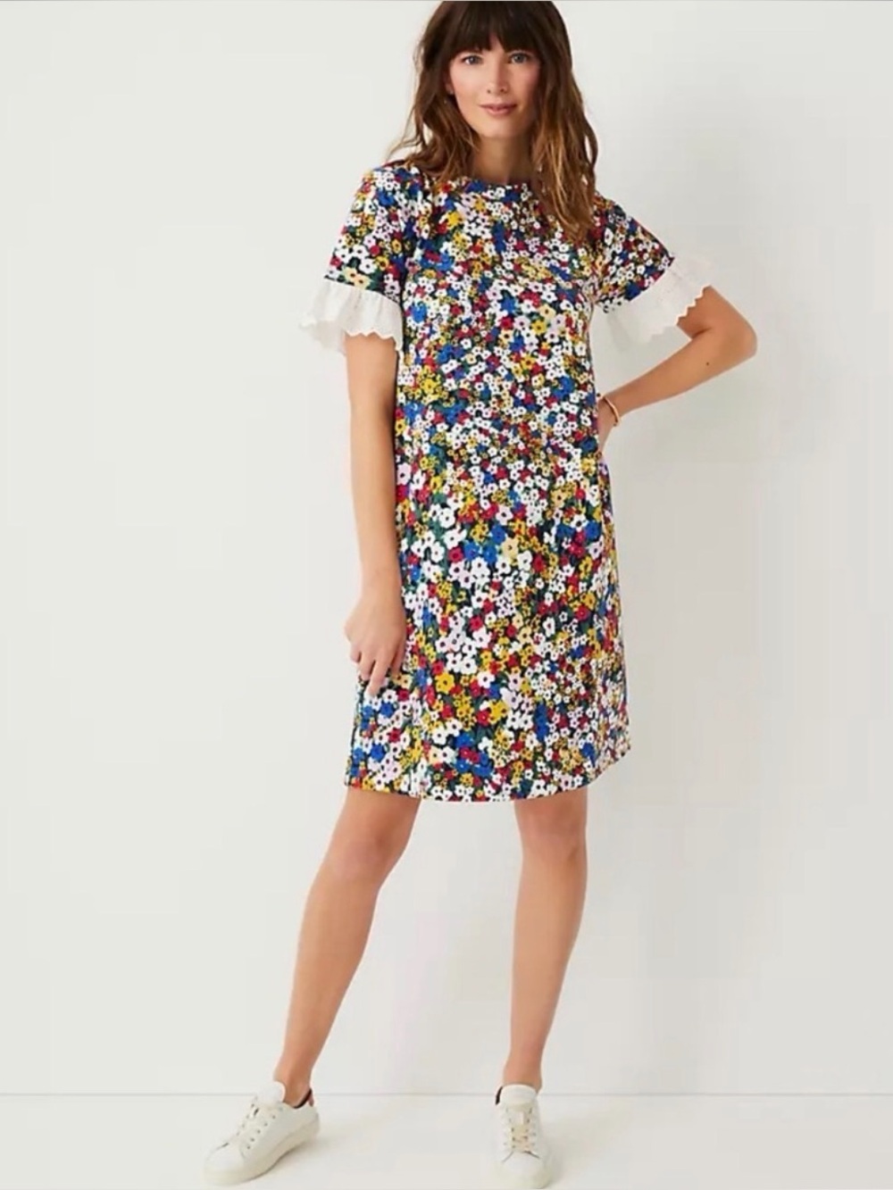 Ann Taylor Floral Eyelet Cuff Shift Dress Multicolor with White Ruffle Sleeves
